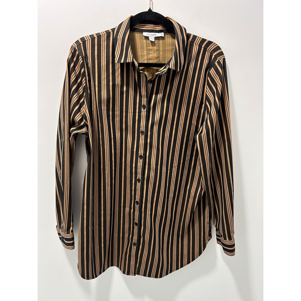 Chicos Black Tan Striped Button Down Shirt Long Sleeve Cotton Stretch Size 1.5